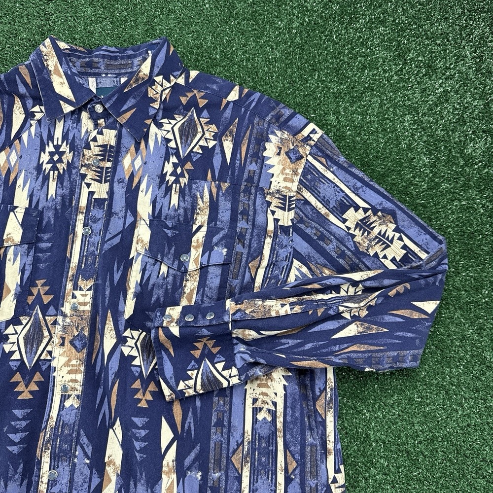 Vintage Wrangler Shirt Men's Aztec Western Pearl Snap Size XL Blue - Picture 1 of 8